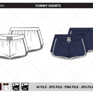 May include: A flat sketch illustration of two pairs of shorts. One pair is white with a navy blue trim and the other pair is navy blue with a white trim. Both pairs have a drawstring waist.