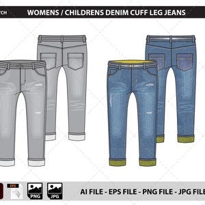 Denim Cuff Leg Jeans Womens/Childrens - Fashion Flat Sketch, Fashion Template, Tech Pack, Fashion Drawing