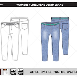 Denim Jeans Womens/Childrens - Fashion Flat Sketch, Fashion Templete, Tech Pack, Fashion Drawing