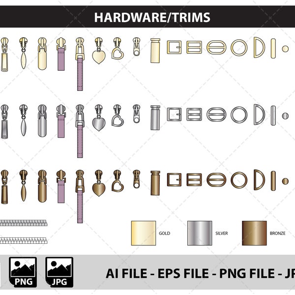 Zipper Hardware Trims Bundle - Fashion Flat Sketch, Fashion Template, Tech Pack, Fashion Drawing