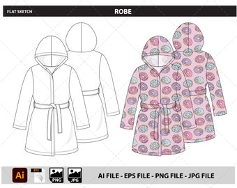 Robe with Hood - Fashion Flat Sketch, Fashion Templete, Tech Pack, Fashion Drawing