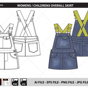 Könnte beinhalten: Eine flache Skizzenillustration eines Jeans-Overall-Rocks mit Trägern. Der Rock ist in zwei Ansichten dargestellt: vorne und hinten. Die Träger sind hinten gekreuzt und gelb. Der Rock hat eine Tasche vorne und zwei Taschen hinten.