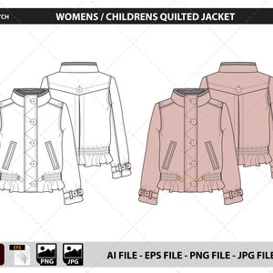 Quilted Jacket Womens/Childrens - Fashion Flat Sketch, Fashion Template, Tech Pack, Fashion Drawing