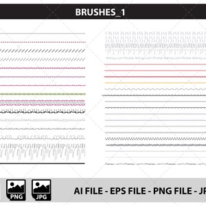 May include: A digital art graphic featuring various brush stroke styles. The image displays a collection of lines with different patterns, including dotted, dashed, wavy, and zigzag designs. The text "BRUSHES_1" is at the top, and file type icons are at the bottom.
