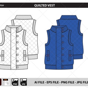 May include: A flat sketch illustration of a quilted vest with a high collar and button closure. The vest is shown in two color variations: white and blue.