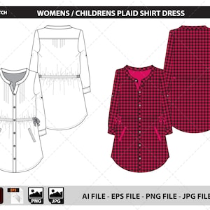 Plaid Shirt Dress Womens/Childrens - Fashion Flat Sketch, Fashion Template, Tech Pack, Fashion Drawing
