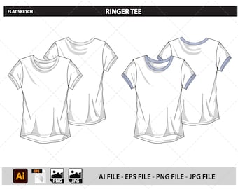 Ringer Tee, T-shirt, Top, Shirt - Fashion Flat Sketch, Fashion Template, Tech Pack, Fashion Drawing