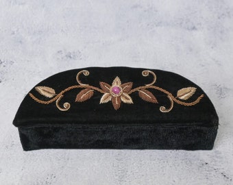 Black Velvet Floral Embroidery Onyx Stone Spectacle Case, Handmade Spectacle Case for Women