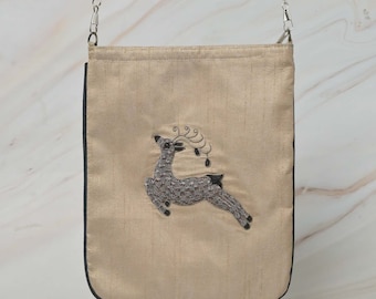 Handmade Silk Crossbody Bag Embellished with Deer Zari Work