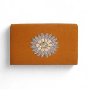 Tan Velvet Handmade Crossbody Bag, Embellished with Floral Embroidery