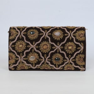 Vintage Elegance: Chocolate Brown Zardosi Evening Clutch Purse with Floral Embroidery and Onyx & Rose Quartz Gemstone Embellishments