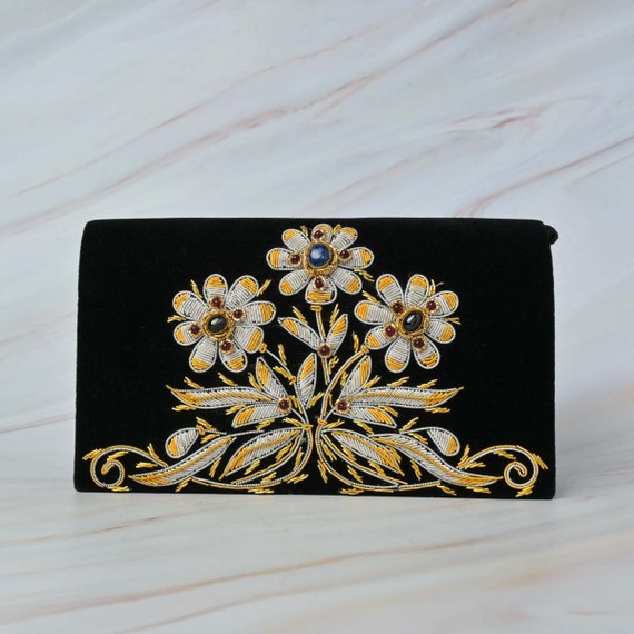 Black Velvet Floral Stone Studded Hand Bag, Black Velvet