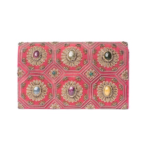 Pink Velvet Handmade Crossbody Bag, Embellished with Gemstone Embroidery