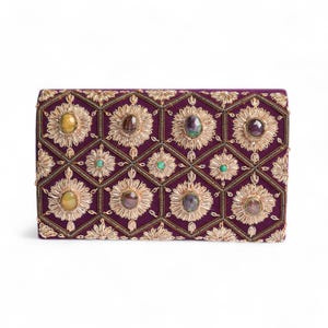 Wine Velvet Crossbody Bag Embellished with Gemstone Embroidery