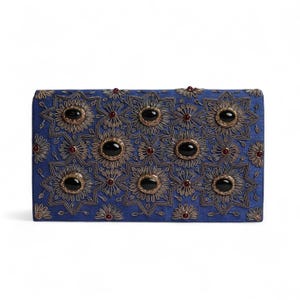 Oceanic Opulence: Handmade Blue Silk Shoulder Bag for Women, Adorned with Dazzling Gemstone Embroidery