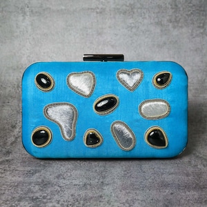 Royal Blue Elegance: Silk Embroidered Hand Clutch with Onyx Gemstone Sparkle