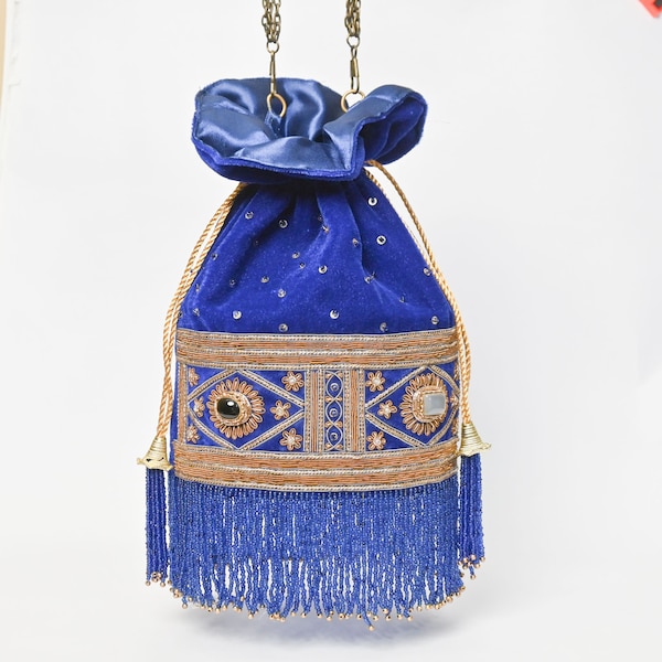 Indian Velvet Potli Bag with Bead Strands , hand embroidered potli bag,Ethnic favor bag (Available in Blue,Peach, Gray, Mustard)