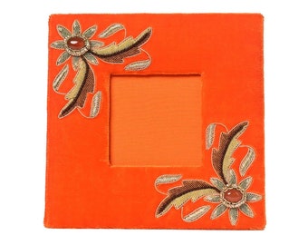 Handmade Saffron Velvet Picture Frame: Carnelian Gemstone Embroidery