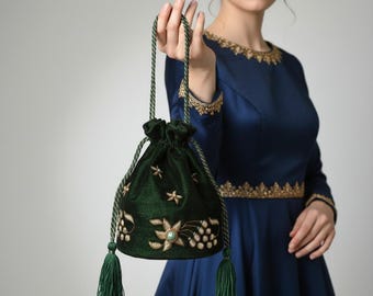 Grüne Samttasche Potli Tasche: Handgemacht Zardozi Bestickt Hochzeitsbevorzugung