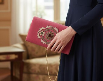 Pink Velvet Handmade Crossbody Bag, Embellished with Smoky Quartz Stones