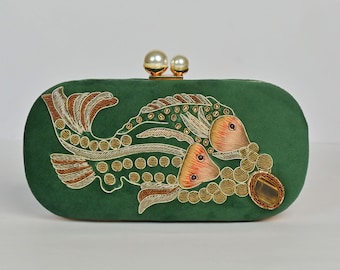 Aquatic Allure: Egg Handmade Green Velvet Clutch with Zardosi Fish Design