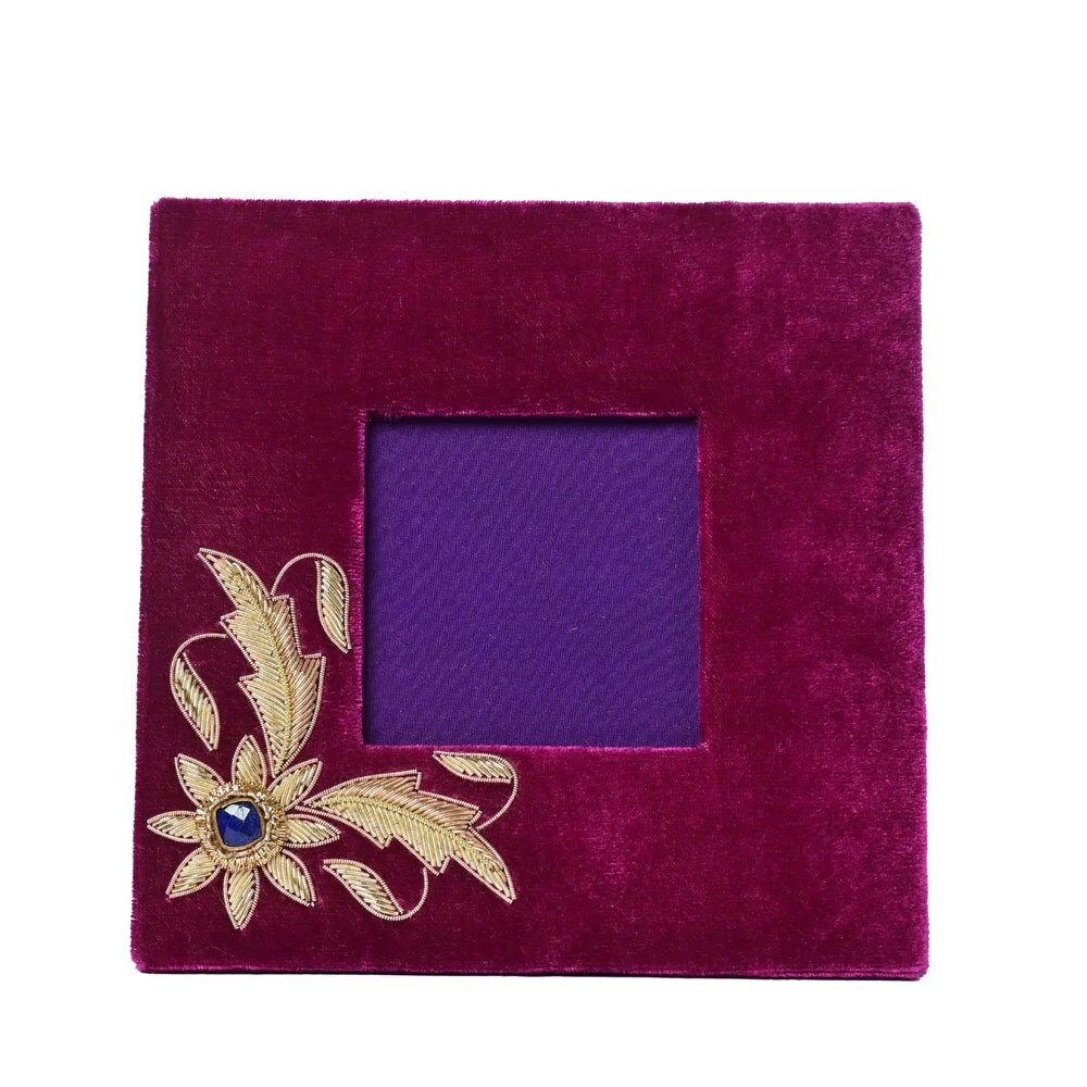 Handmade Wine Velvet Photo Frame: Lapis Zardozi Embroidery