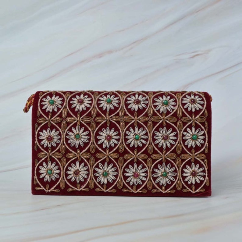 Maroon Velvet Embroidered Crossbody Bag for Women