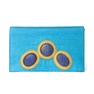 Turquoise Silk Handmade Crossbody Bag, Embellished with Gemstones