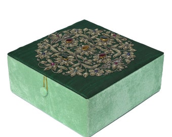 Handmade Gemstone Embroidered Jewelry Box: Green Velvet & Silk