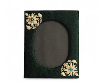 Handmade Picture Frame, Green Velvet Photo Frame Embellished with Onyx Gem Floral Embroidery Pattern