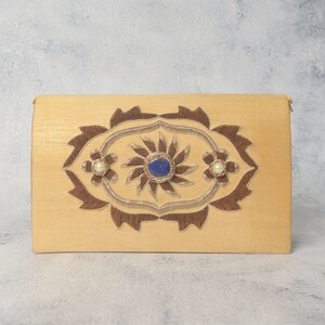 Golden Silk Flap Bag embellished with lapis lazuli, and pearl gemstones