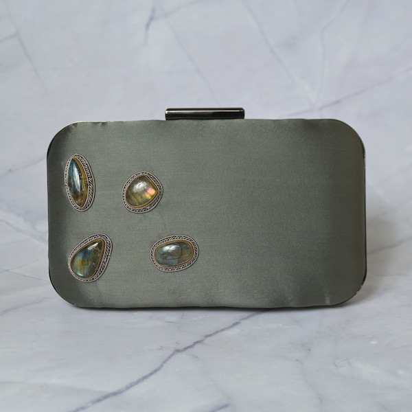 Opulent Gray Satin Clutch Bag with Zari Work, Gray Satin Handbag with Labradorite Stone