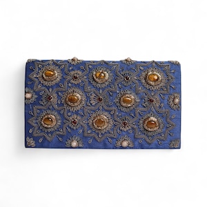Twinkling Azure: Handmade Blue Silk Shoulder Bag for Women, Adorned with Gemstone Embroidery