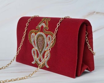 Maroon Velvet Handmade Crossbody Bag for Women, Handmade Shoulder Bag Embellished with Gemstone Emboidery