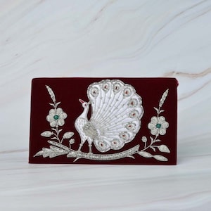 Maroon Velvet Handmade Crossbody Bag, Embellished with Peacock Gemstone Embroidery Pattern