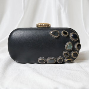 Black Leather Embroidered Clutch Purse