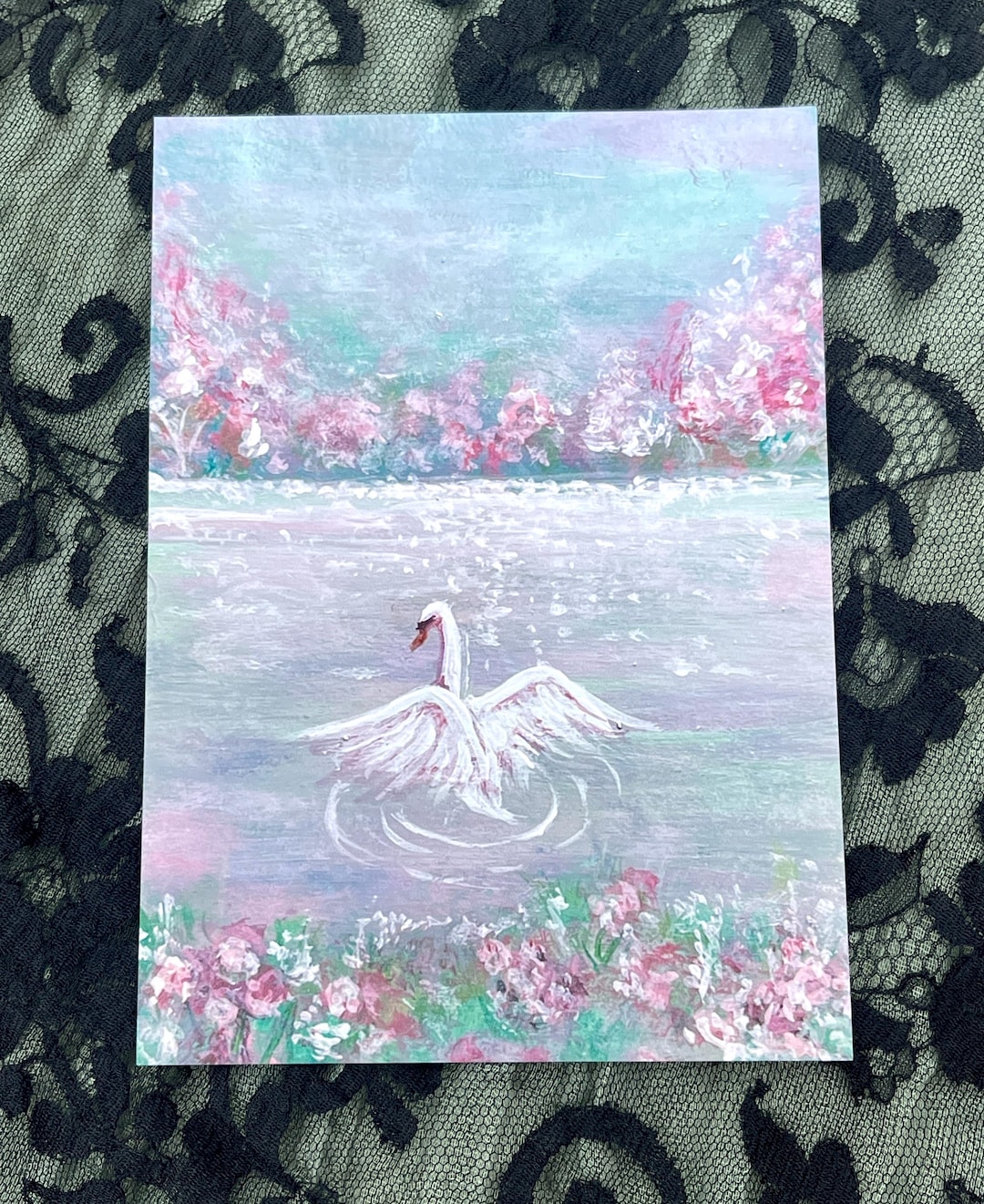 Swan Lake | Acrylic Swan Painting Art Print | Flowery Pink Lake - Etsy