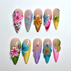 3D Flower Jungle Press-On Nails| Reusable Premium Handmade Nails | animal print, jungle theme, 3D flowers, flower nails, colorful, summer