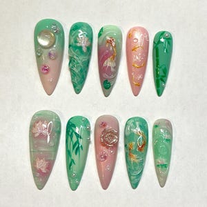 Koi Pond Press-On Nails | Reusable Premium Handmade Press-on Nails | Cute Summer fish, Vibrant Colors, Sparkly Nails, green, pond nails