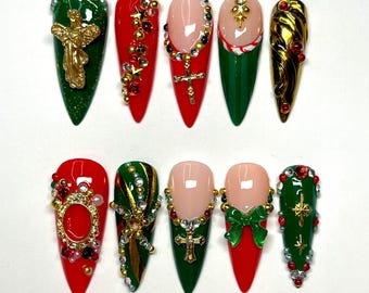 Uñas postizas navideñas / Uñas reutilizables hechas a mano / Diseño navideño caprichoso, menta, pan de jengibre, bastón de caramelo, rojo y verde, Navidad