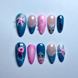 Summerween Press-On Nails | Reusable Handmade Nails | shark beach nails, 3D nail art, shark nails, shell nails, summer nails, halloween