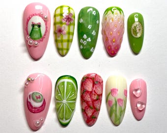 Cute Pink & Green Press-On Nails | Reusable Handmade Nails | coquette, cottagecore nails, 3D nail art, strawberry nail, lime, flower nails