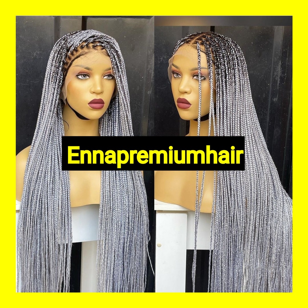 GREY BRAIDED WIG ,full Lace Frontal Knotless Ombre Grey Box Braids