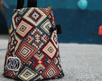 Chalk Bag for Climbing & Bouldering Handmade from Repurposed and Recycled Materials (Woven Aztec) | Unique Gift for Climbers or Boulderers