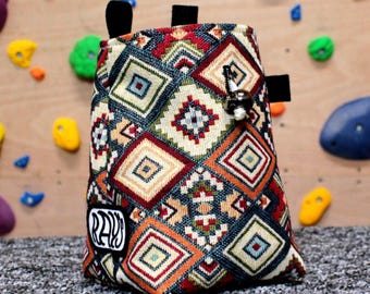 Chalk Bag for Climbing & Bouldering Handmade from Repurposed and Recycled Materials (Woven Aztec) | Unique Gift for Climbers or Boulderers