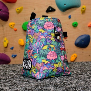 Chalk Bag for Climbing & Bouldering Handmade from Repurposed and Recycled Materials (psychadelic shrooms) | Gift for Climbers or Boulderers