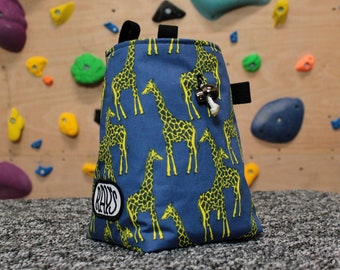 Chalk Bag for Climbing & Bouldering Handmade with Zero Waste (blue giraffes) | Unique Gift for Climbers or Boulderers