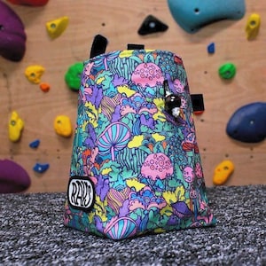 Chalk Bag for Climbing & Bouldering Handmade from Repurposed and Recycled Materials (psych mushrooms) | Gift for Climbers or Boulderers