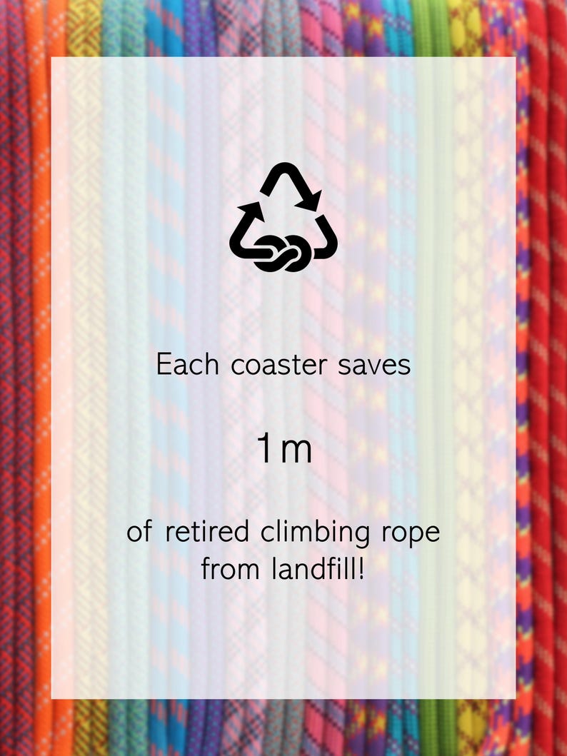 May include: A collection of colorful climbing ropes arranged vertically. A central white overlay features a black recycling symbol and the text: Each coaster saves 1 m of retired climbing rope from landfill! The ropes display various patterns.
