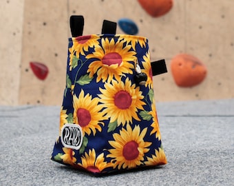 Chalk Bag for Climbing & Bouldering Handmade from Repurposed and Recycled Materials (blue sunflowers) Unique Gift for Climbers or Boulderers